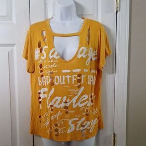 It Girl Trendy Yellow Graphic Cut-Out Top Sz XL EUC
